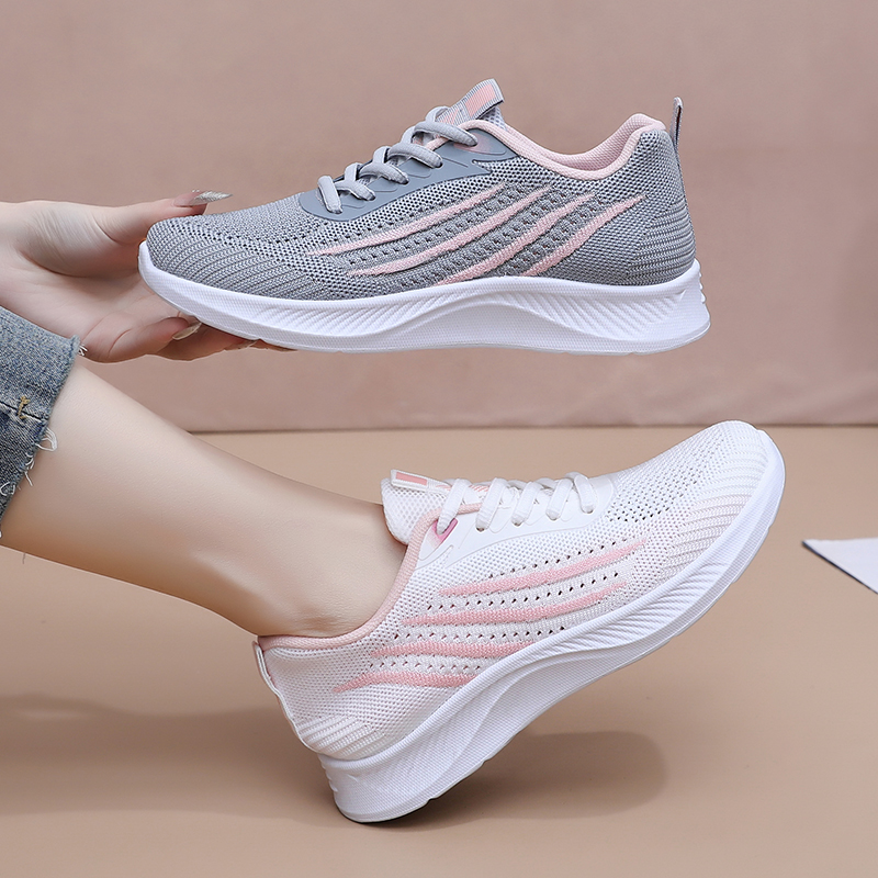 Knit Fabric Lace Up Sneakers - Tênis casuais de malha para mulher,